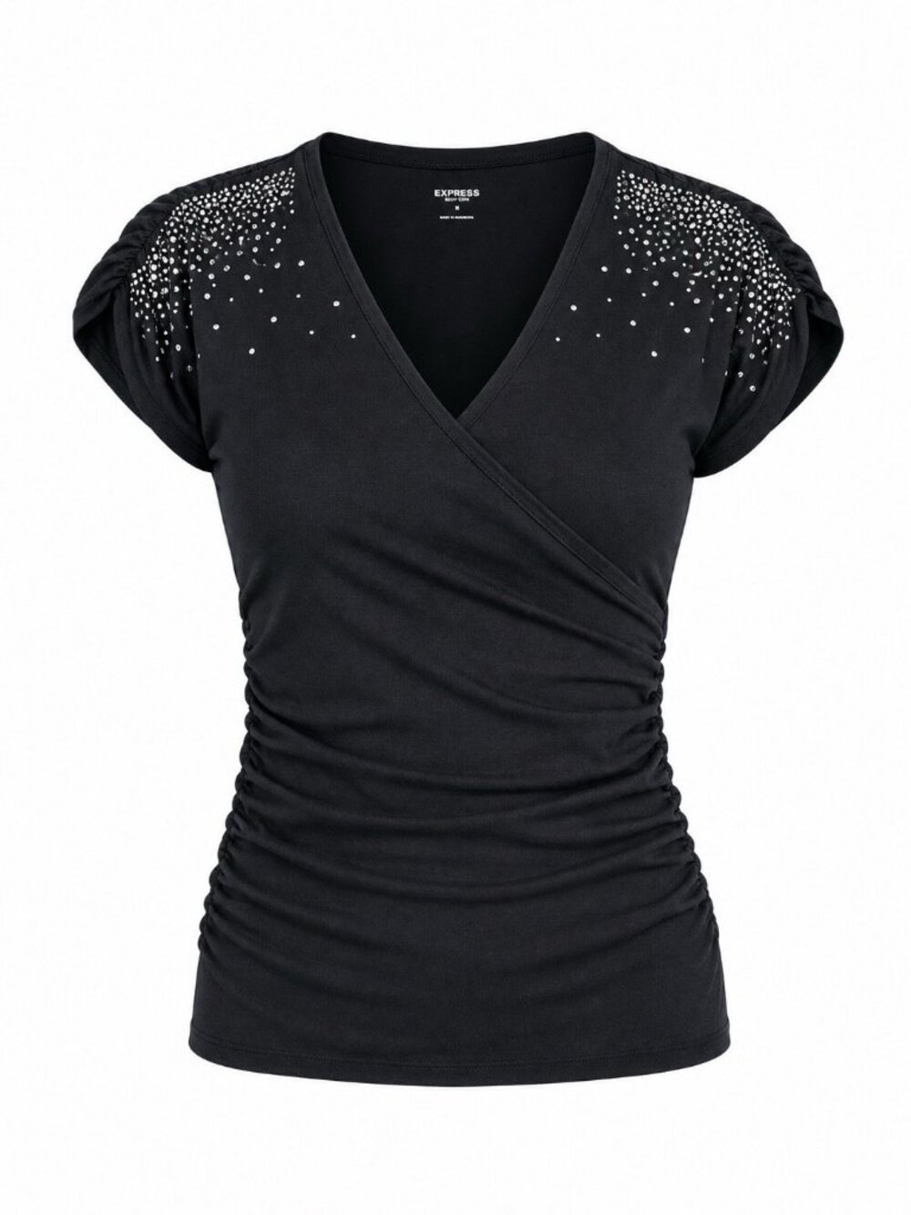 Y2K EXPRESS Sexi Basic Size S Black Top Ruched  Side Blouse And rhinestone